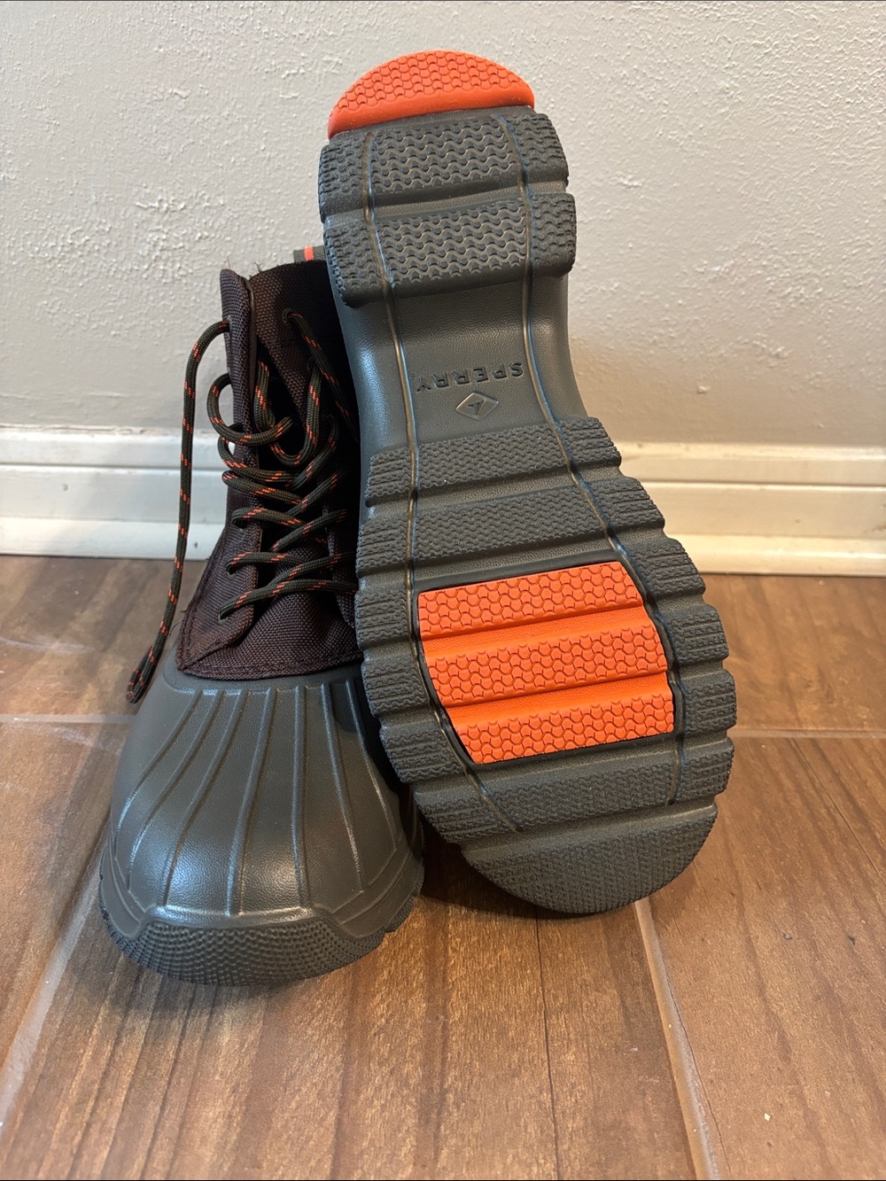 Sperry Brown Duck Boots with Orange Sole Accents